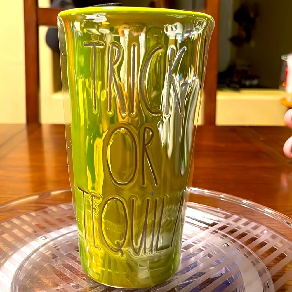 Rae Dunn tall tumbler green iridescent trick or tequila.